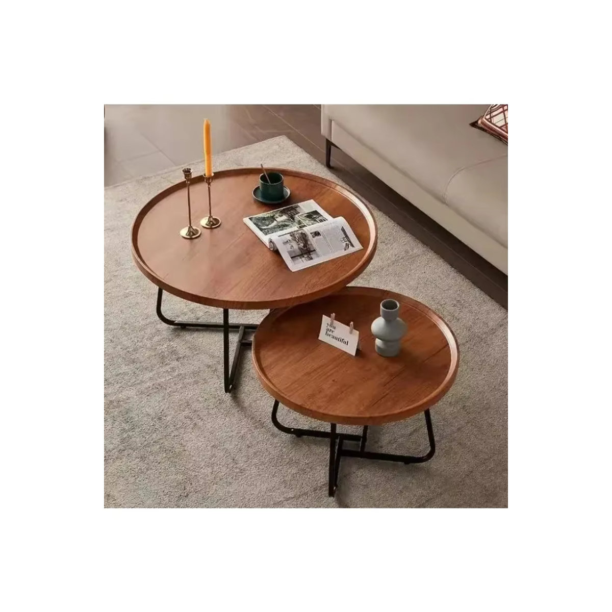 Rundes Couchtisch-Set von LIUSHADUOLA aus massivem Holz in Weiß oder Nussbaum, modernes 2-in-1 Design mit dreieckigen Beinen - Bild 5