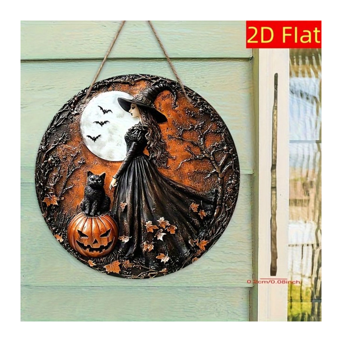 Rundes Halloween-Holzschild mit Hexe, Kürbissen und Fledermäusen in Schwarz und Mehrfarbig von sjs - Bild 1