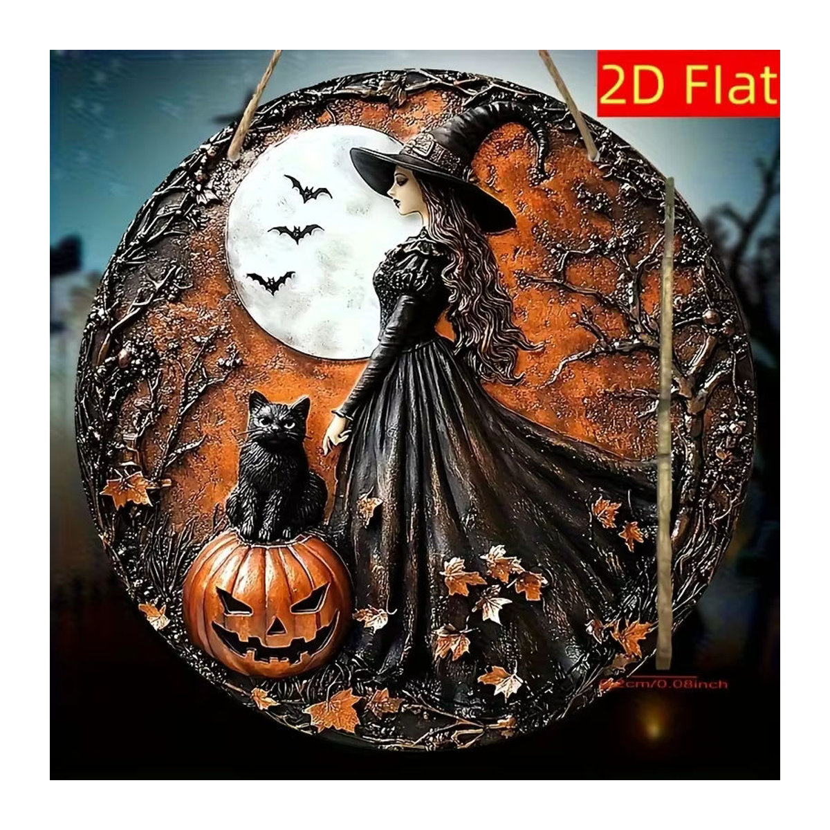 Rundes Halloween-Holzschild mit Hexe, Kürbissen und Fledermäusen in Schwarz und Mehrfarbig von sjs - Bild 2