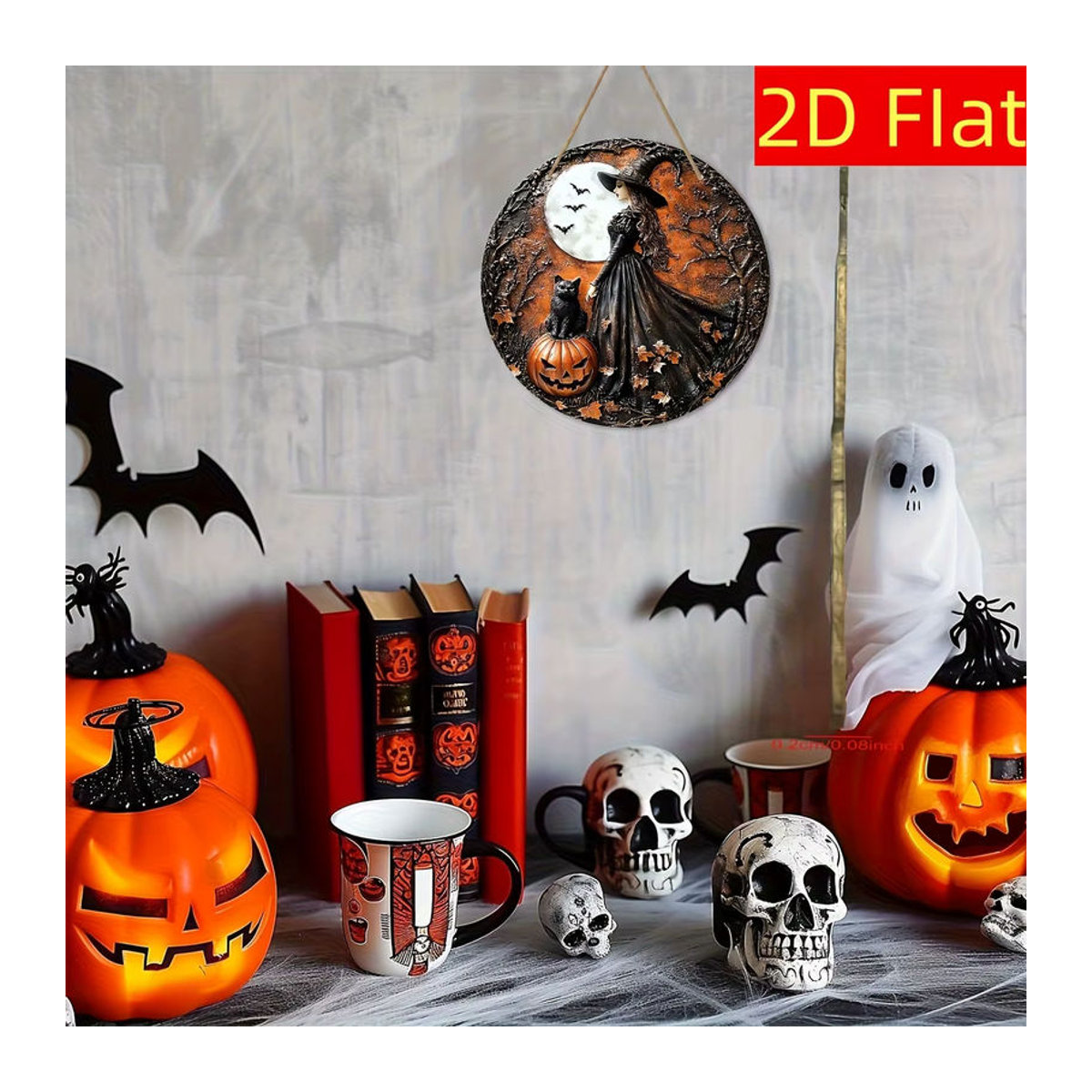 Rundes Halloween-Holzschild mit Hexe, Kürbissen und Fledermäusen in Schwarz und Mehrfarbig von sjs - Bild 4