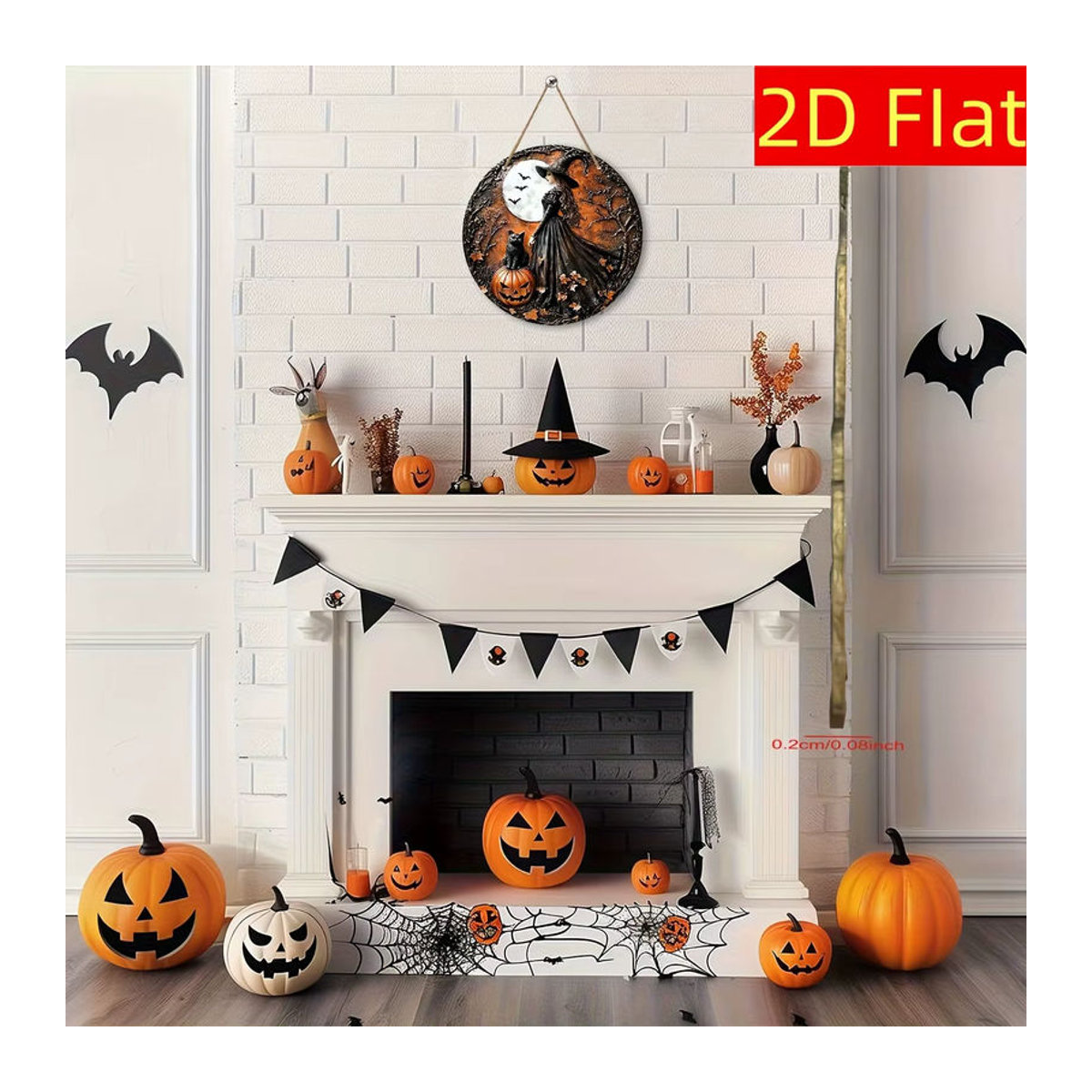 Rundes Halloween-Holzschild mit Hexe, Kürbissen und Fledermäusen in Schwarz und Mehrfarbig von sjs - Bild 5