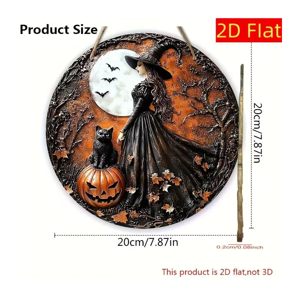 Rundes Halloween-Holzschild mit Hexe, Kürbissen und Fledermäusen in Schwarz und Mehrfarbig von sjs - Bild 6