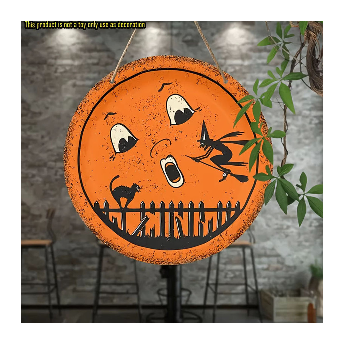 Rundes Halloween-Holzschild von sjs mit Geister, Hexe, schwarzer Katze und Vollmond zur hängenden Dekoration, mehrfarbig und orange - Bild 1
