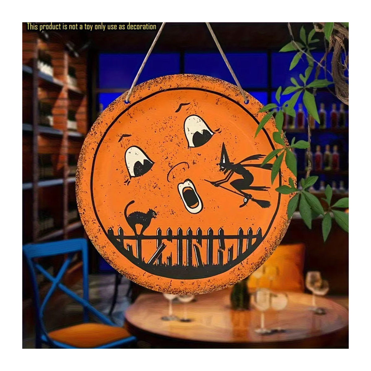 Rundes Halloween-Holzschild von sjs mit Geister, Hexe, schwarzer Katze und Vollmond zur hängenden Dekoration, mehrfarbig und orange - Bild 2