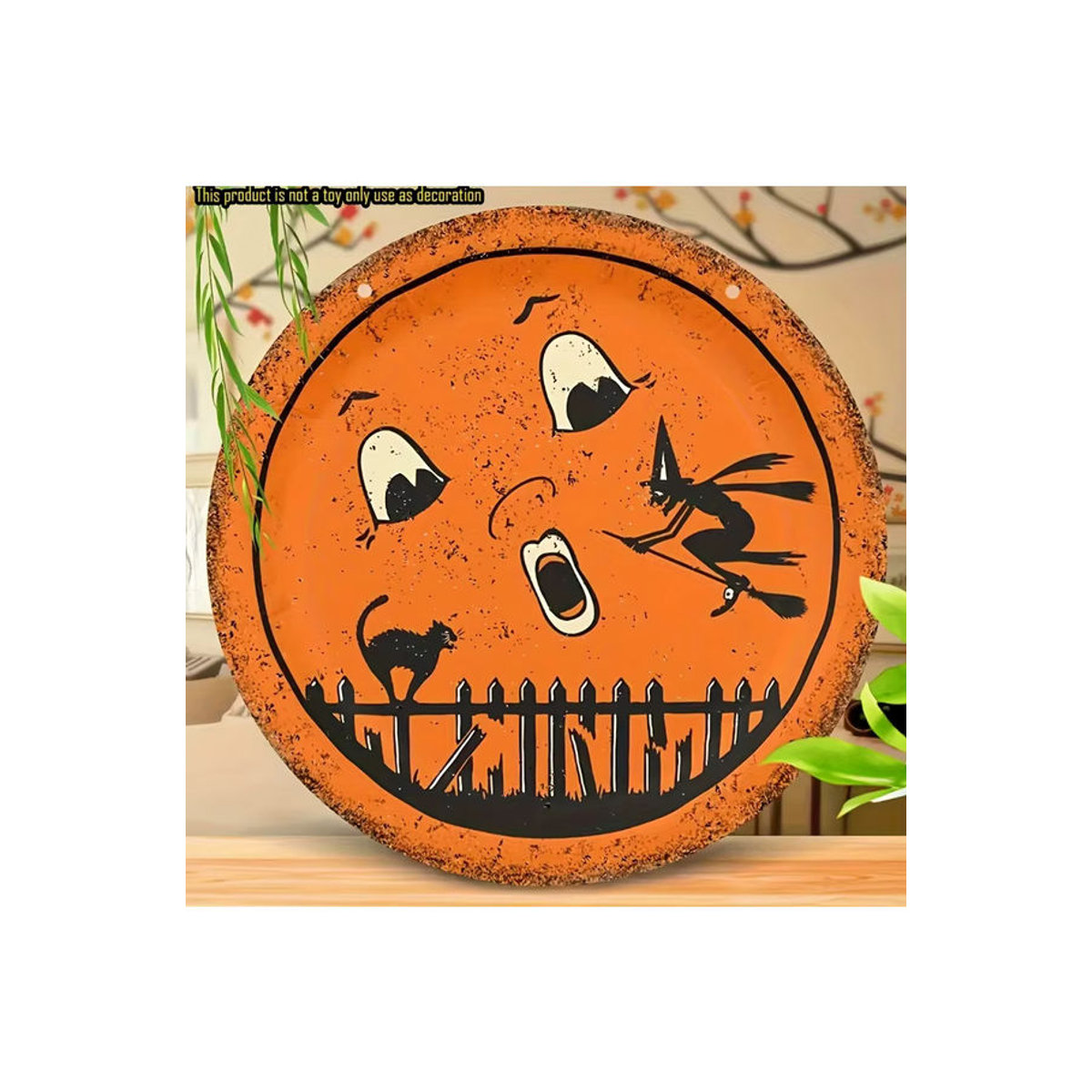 Rundes Halloween-Holzschild von sjs mit Geister, Hexe, schwarzer Katze und Vollmond zur hängenden Dekoration, mehrfarbig und orange - Bild 3