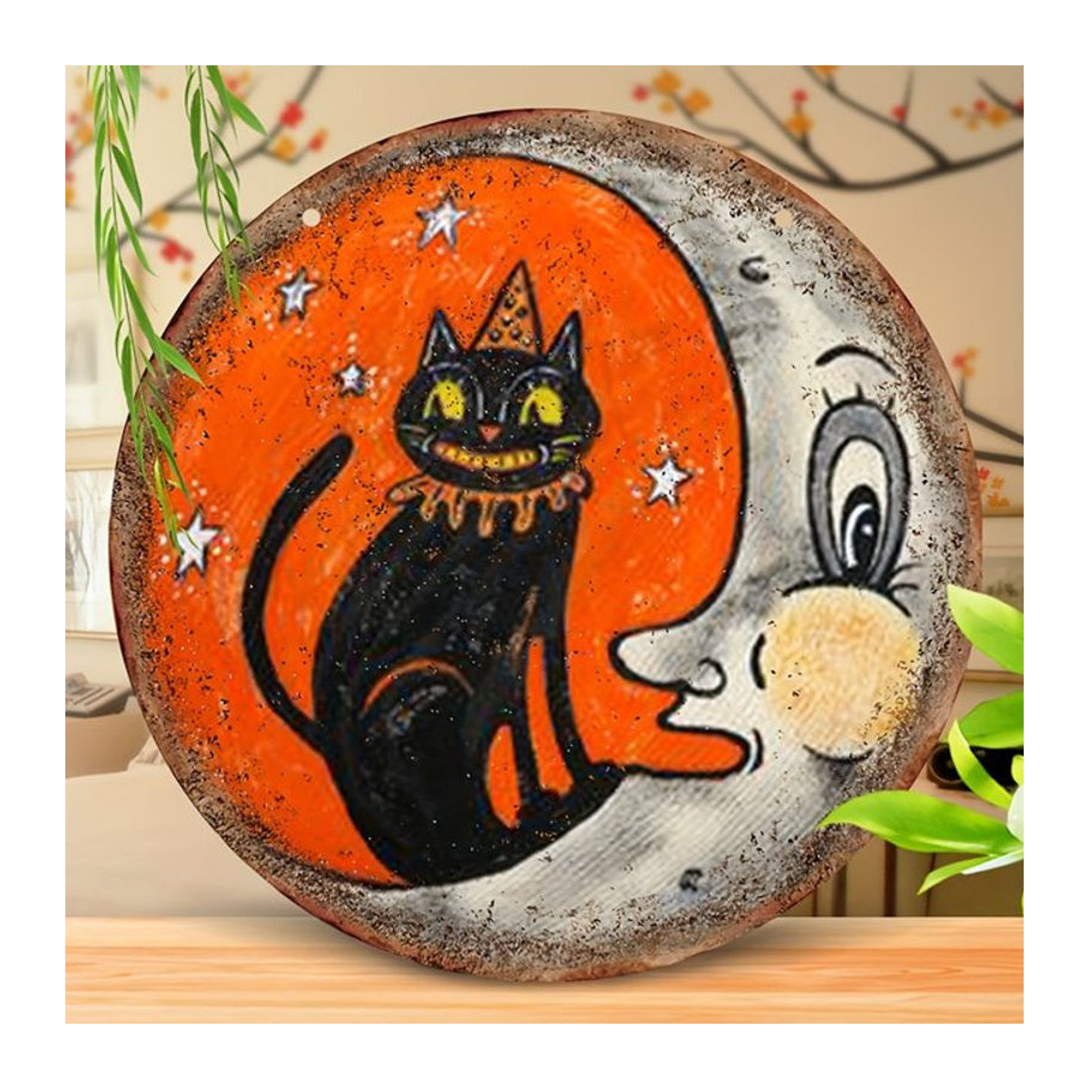 Rundes Halloween-Holzschild von sjs mit schwarzem Katzen- und Mondmuster zur hängenden Dekoration - Bild 1