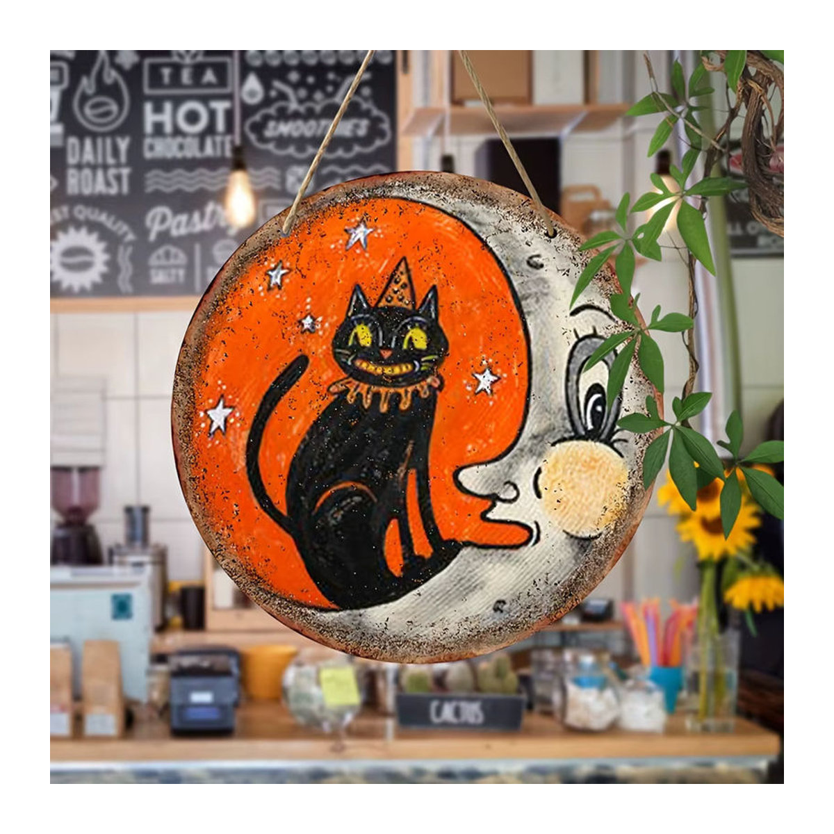 Rundes Halloween-Holzschild von sjs mit schwarzem Katzen- und Mondmuster zur hängenden Dekoration - Bild 2
