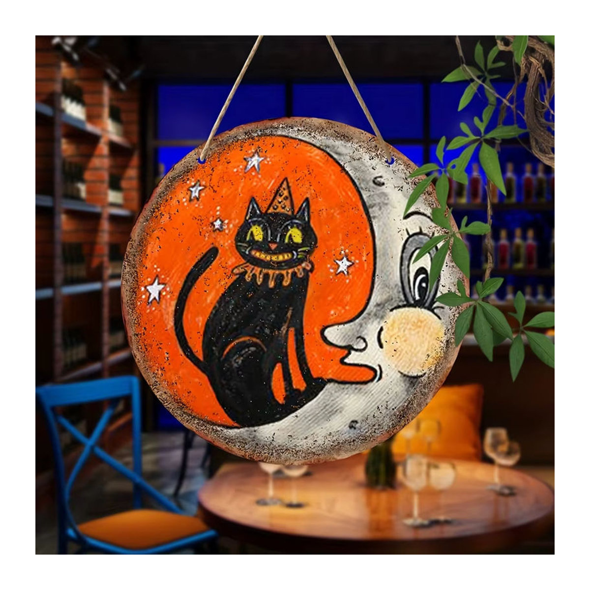 Rundes Halloween-Holzschild von sjs mit schwarzem Katzen- und Mondmuster zur hängenden Dekoration - Bild 3