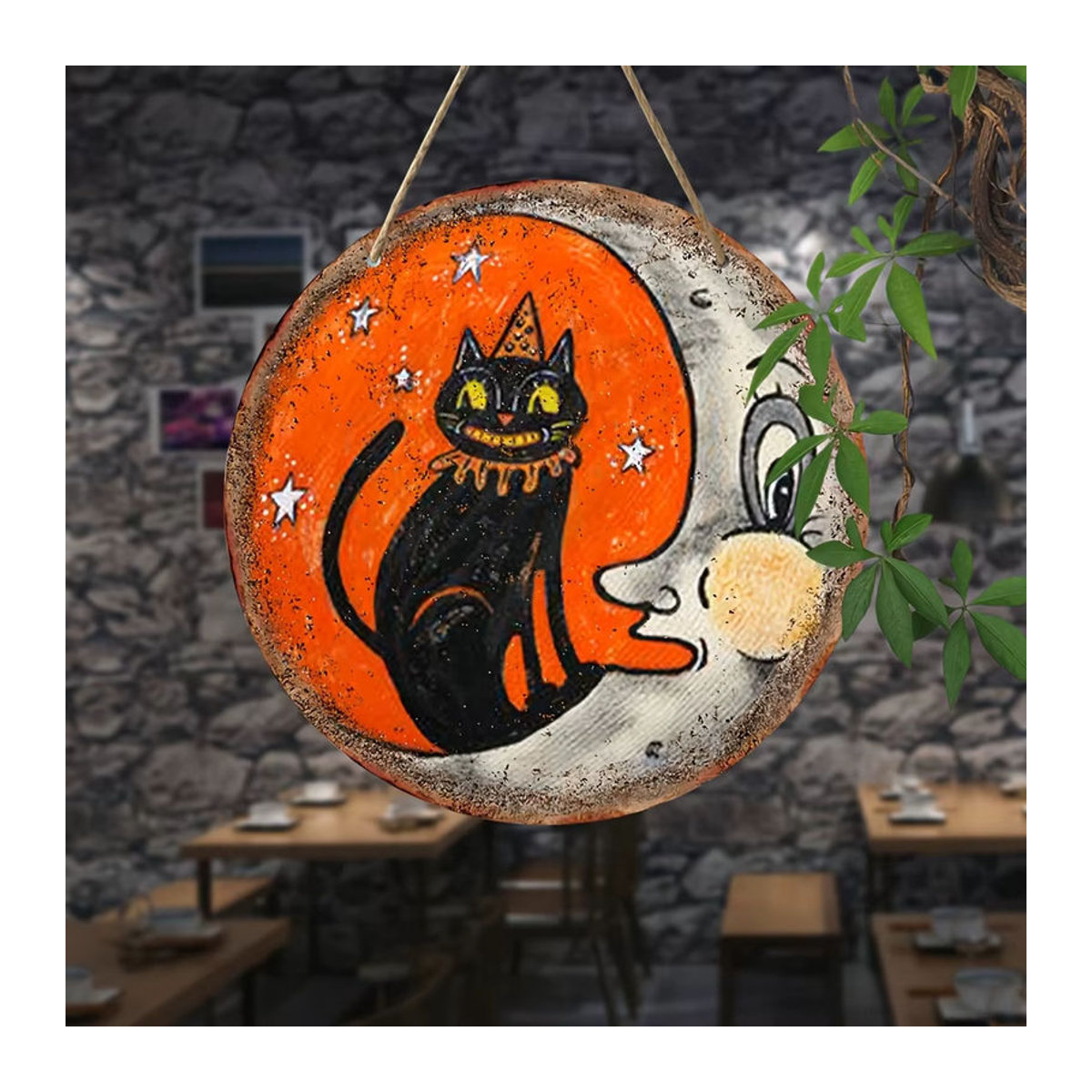Rundes Halloween-Holzschild von sjs mit schwarzem Katzen- und Mondmuster zur hängenden Dekoration - Bild 4