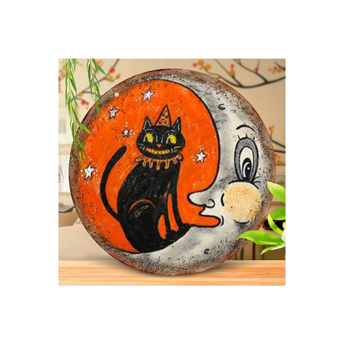 Rundes Halloween-Holzschild von sjs mit schwarzem Katzen- und Mondmuster zur hängenden Dekoration - Bild 5