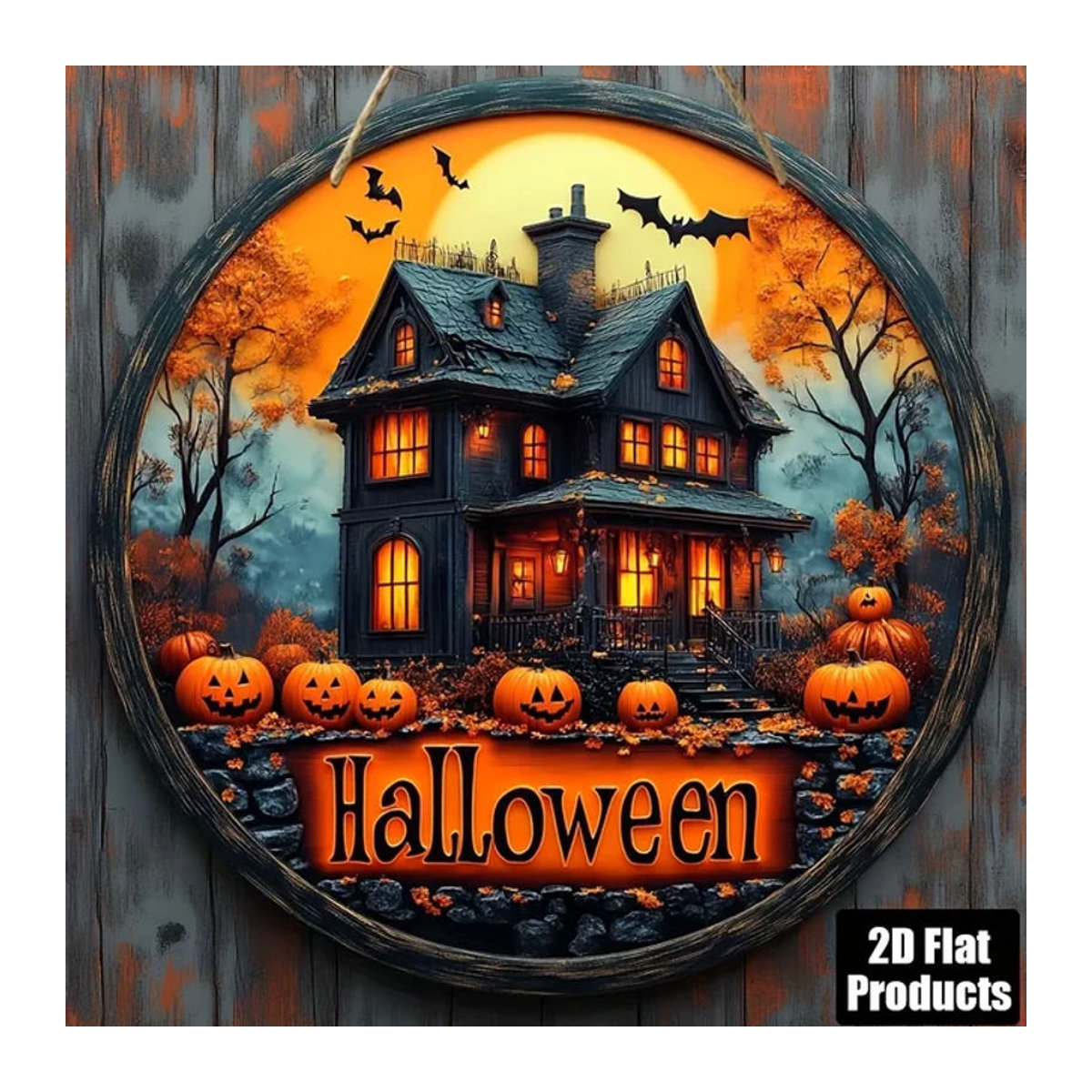Rundes Halloween-Holzschild von sjs mit Spukhaus- und Fledermausmuster, mehrfarbig, hängend - Bild 1