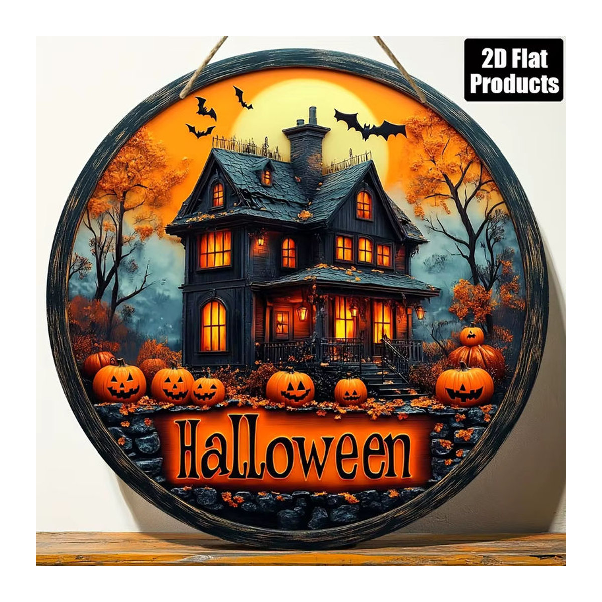 Rundes Halloween-Holzschild von sjs mit Spukhaus- und Fledermausmuster, mehrfarbig, hängend - Bild 3