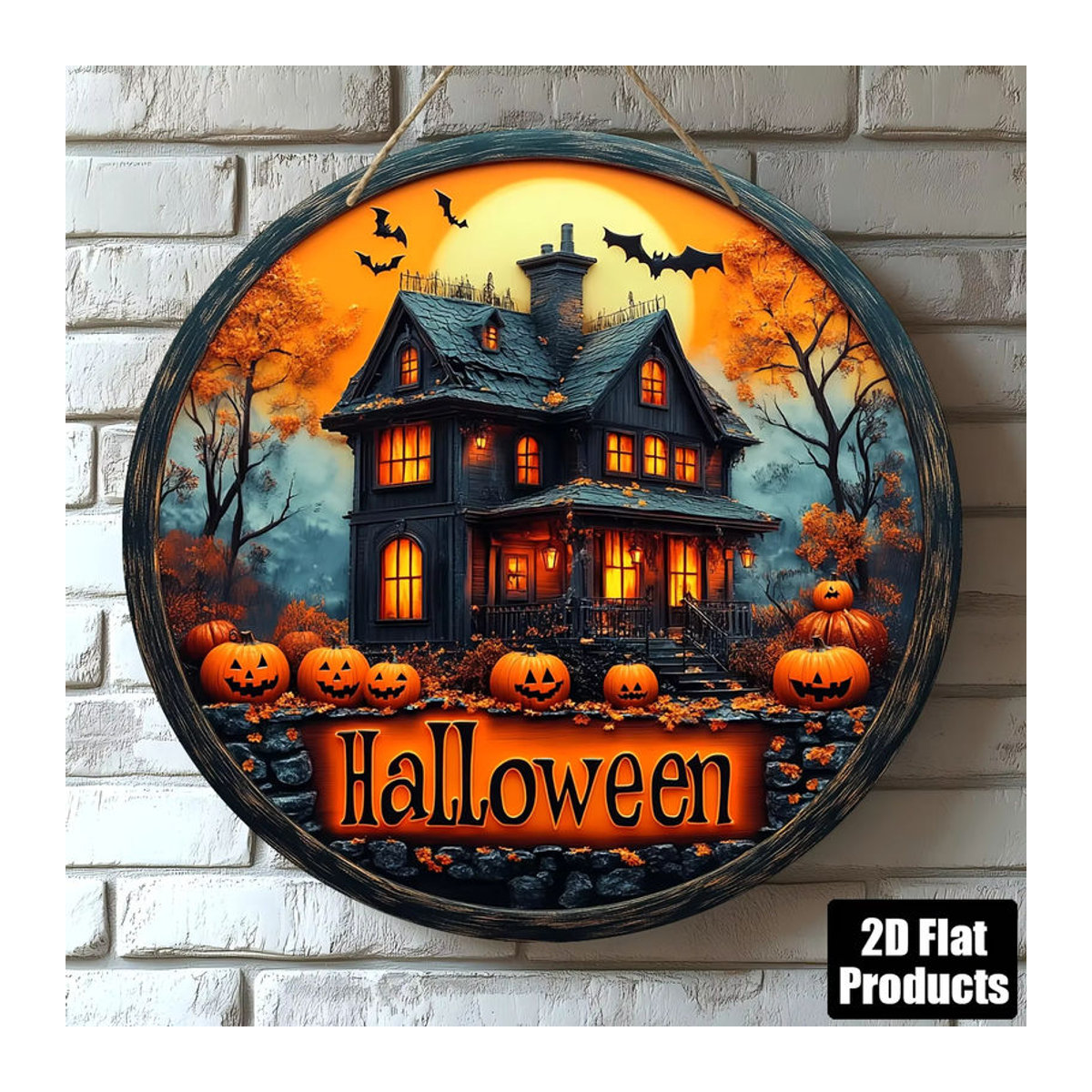 Rundes Halloween-Holzschild von sjs mit Spukhaus- und Fledermausmuster, mehrfarbig, hängend - Bild 4