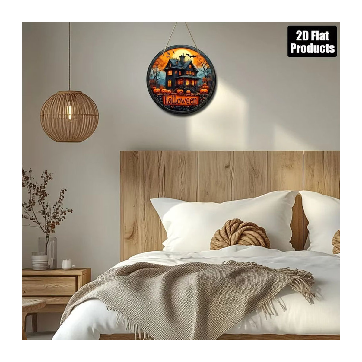 Rundes Halloween-Holzschild von sjs mit Spukhaus- und Fledermausmuster, mehrfarbig, hängend - Bild 5