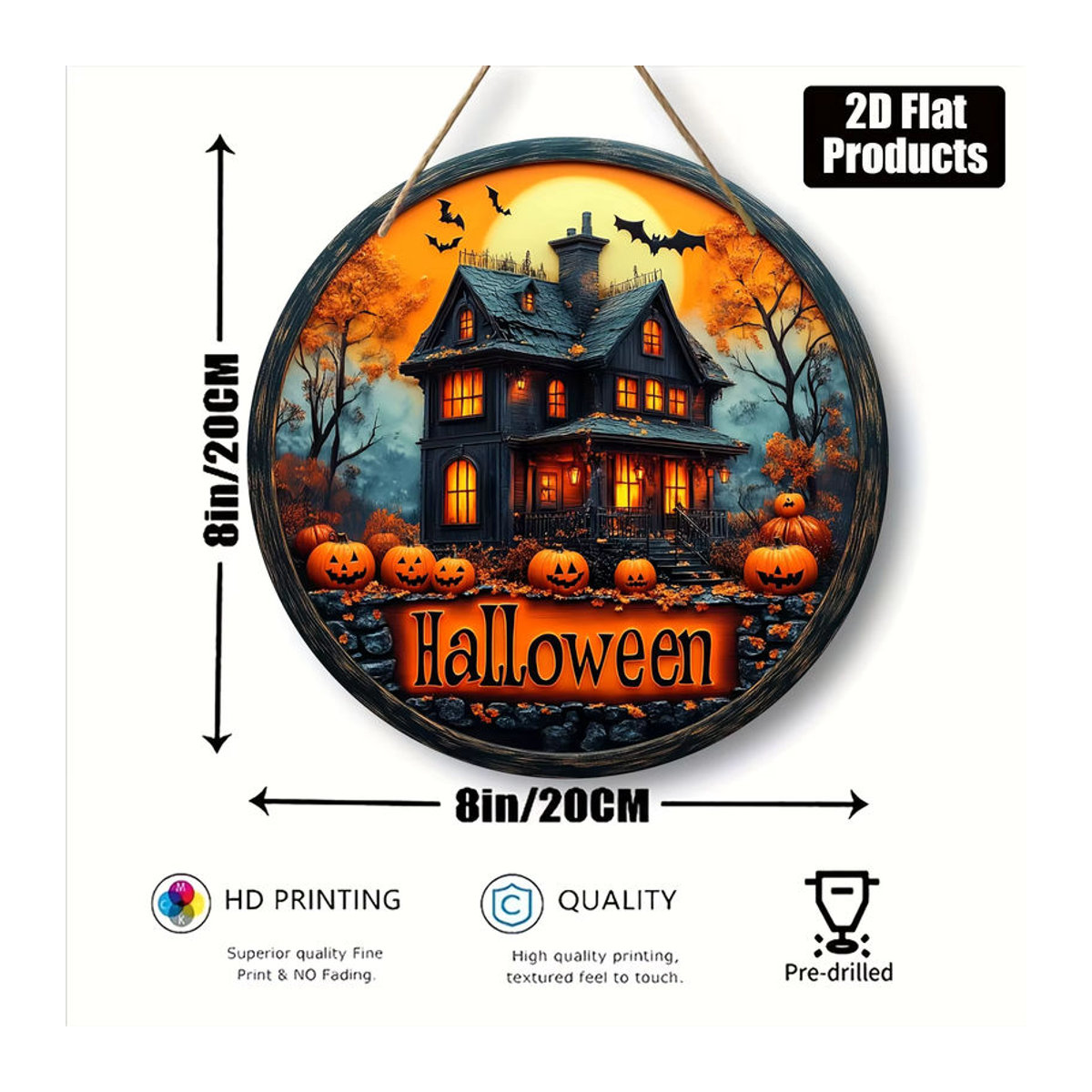 Rundes Halloween-Holzschild von sjs mit Spukhaus- und Fledermausmuster, mehrfarbig, hängend - Bild 6