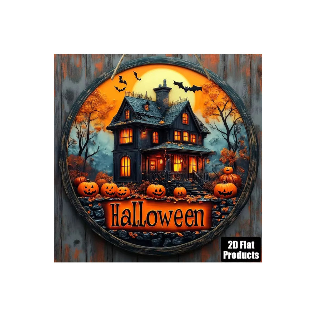 Rundes Halloween-Holzschild von sjs mit Spukhaus- und Fledermausmuster, mehrfarbig, hängend - Bild 7