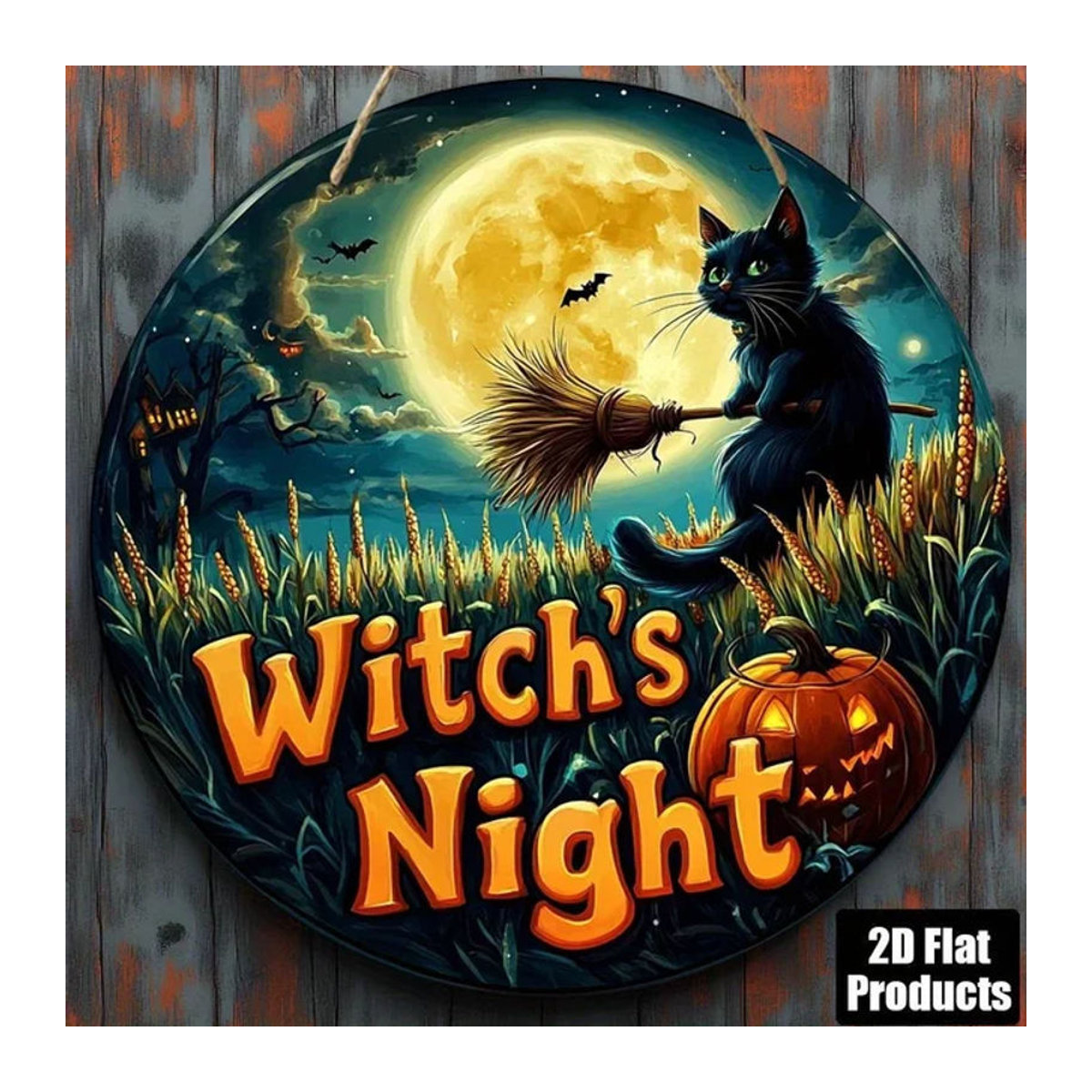 Rundes Halloween-Holzschild von sjs mit Vintage-Schwarzer Katze auf Besen, mehrfarbige Wanddekoration zum Aufhängen - Bild 1