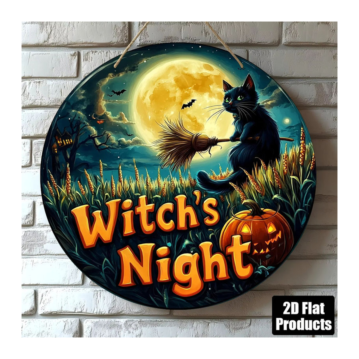 Rundes Halloween-Holzschild von sjs mit Vintage-Schwarzer Katze auf Besen, mehrfarbige Wanddekoration zum Aufhängen - Bild 2