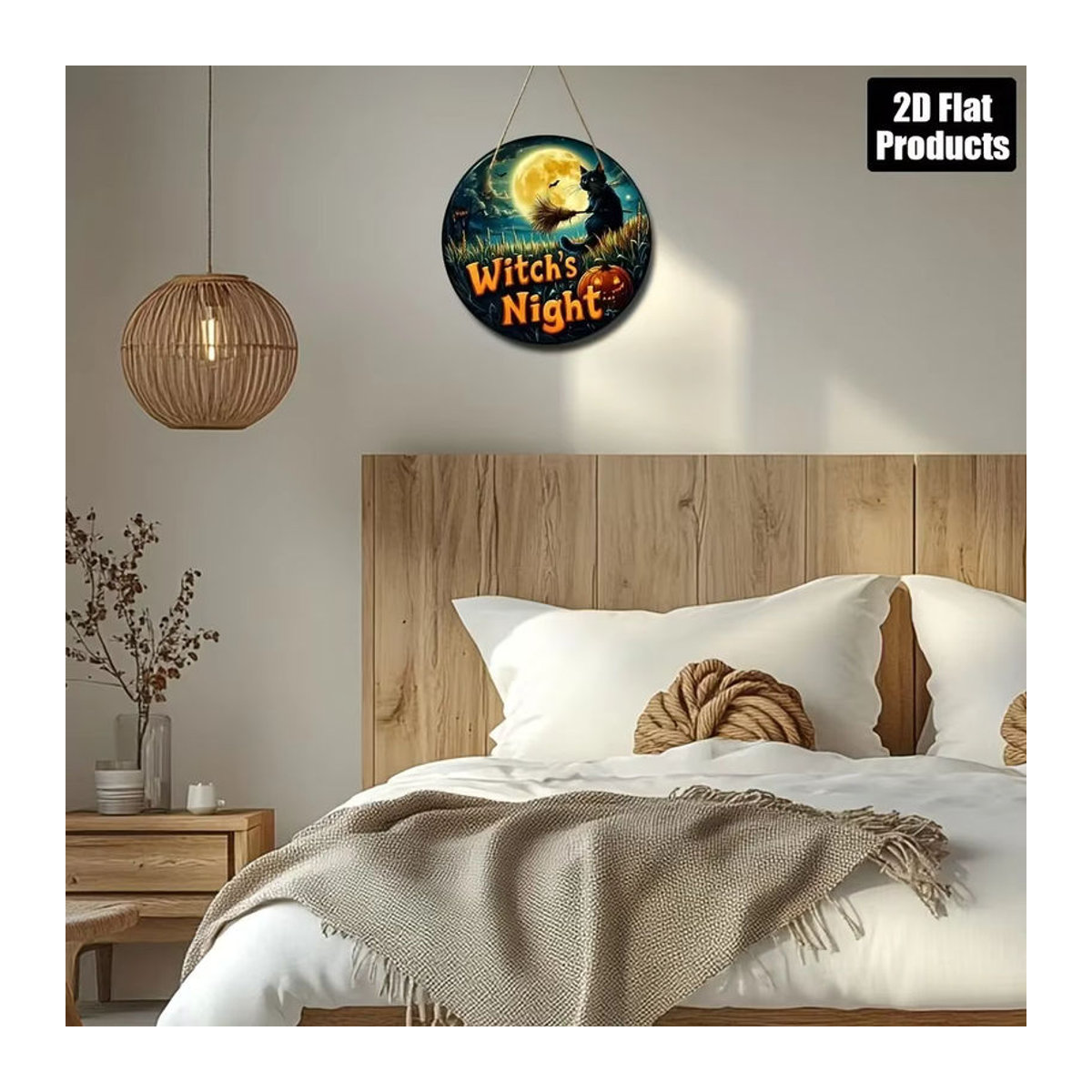 Rundes Halloween-Holzschild von sjs mit Vintage-Schwarzer Katze auf Besen, mehrfarbige Wanddekoration zum Aufhängen - Bild 3