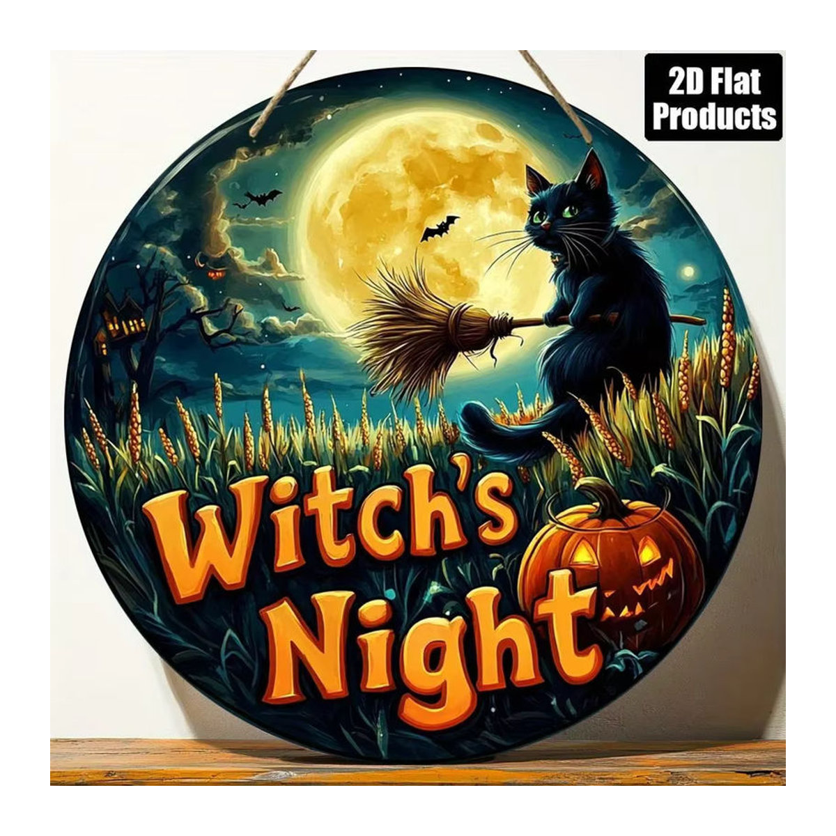 Rundes Halloween-Holzschild von sjs mit Vintage-Schwarzer Katze auf Besen, mehrfarbige Wanddekoration zum Aufhängen - Bild 4