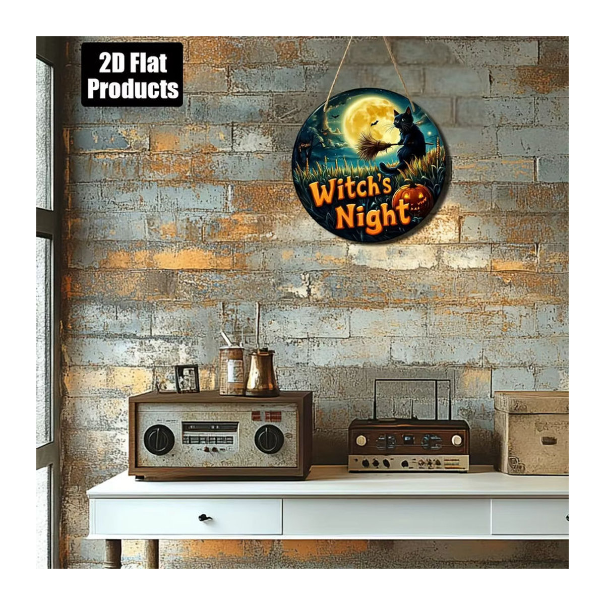 Rundes Halloween-Holzschild von sjs mit Vintage-Schwarzer Katze auf Besen, mehrfarbige Wanddekoration zum Aufhängen - Bild 5