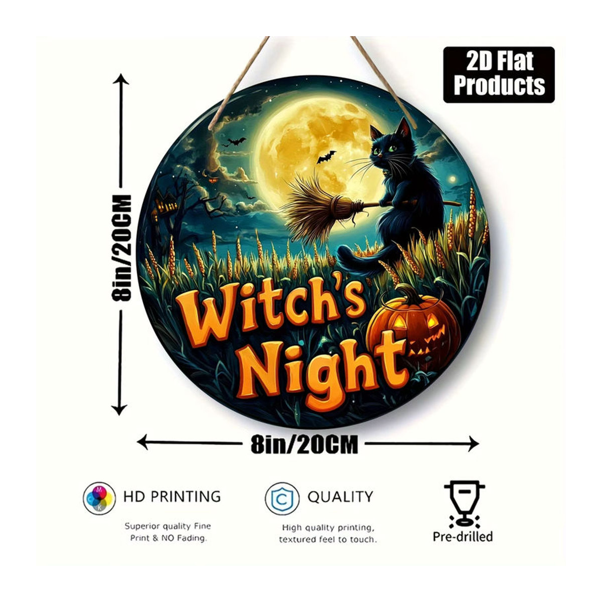 Rundes Halloween-Holzschild von sjs mit Vintage-Schwarzer Katze auf Besen, mehrfarbige Wanddekoration zum Aufhängen - Bild 6