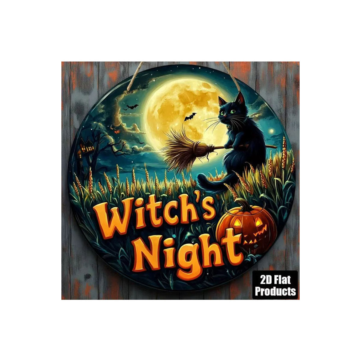 Rundes Halloween-Holzschild von sjs mit Vintage-Schwarzer Katze auf Besen, mehrfarbige Wanddekoration zum Aufhängen - Bild 7