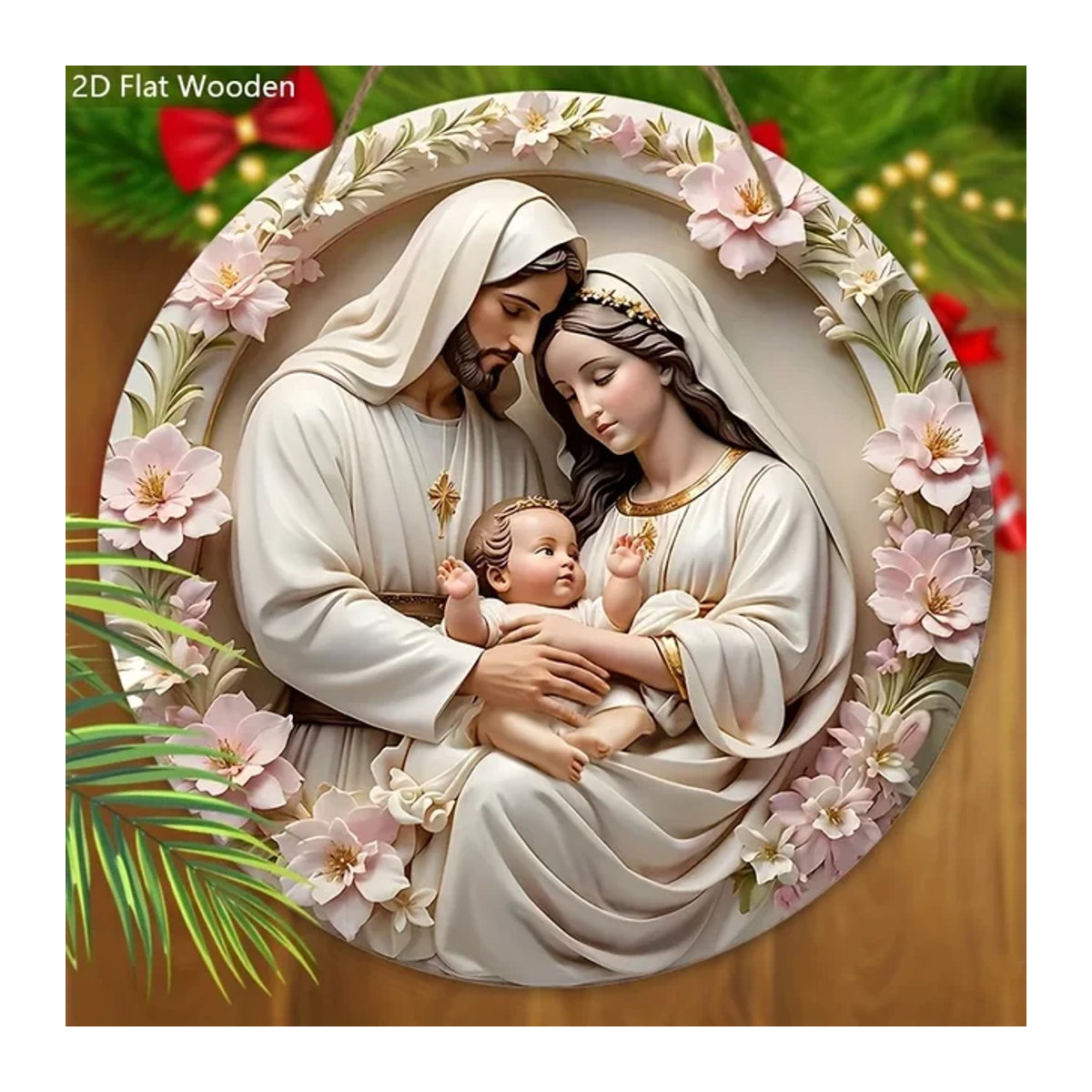 Rundes Holzschild als Hängeornament mit Jesus und rosa Blumenkranz für Weihnachten in Rosa und Weiß - Bild 1