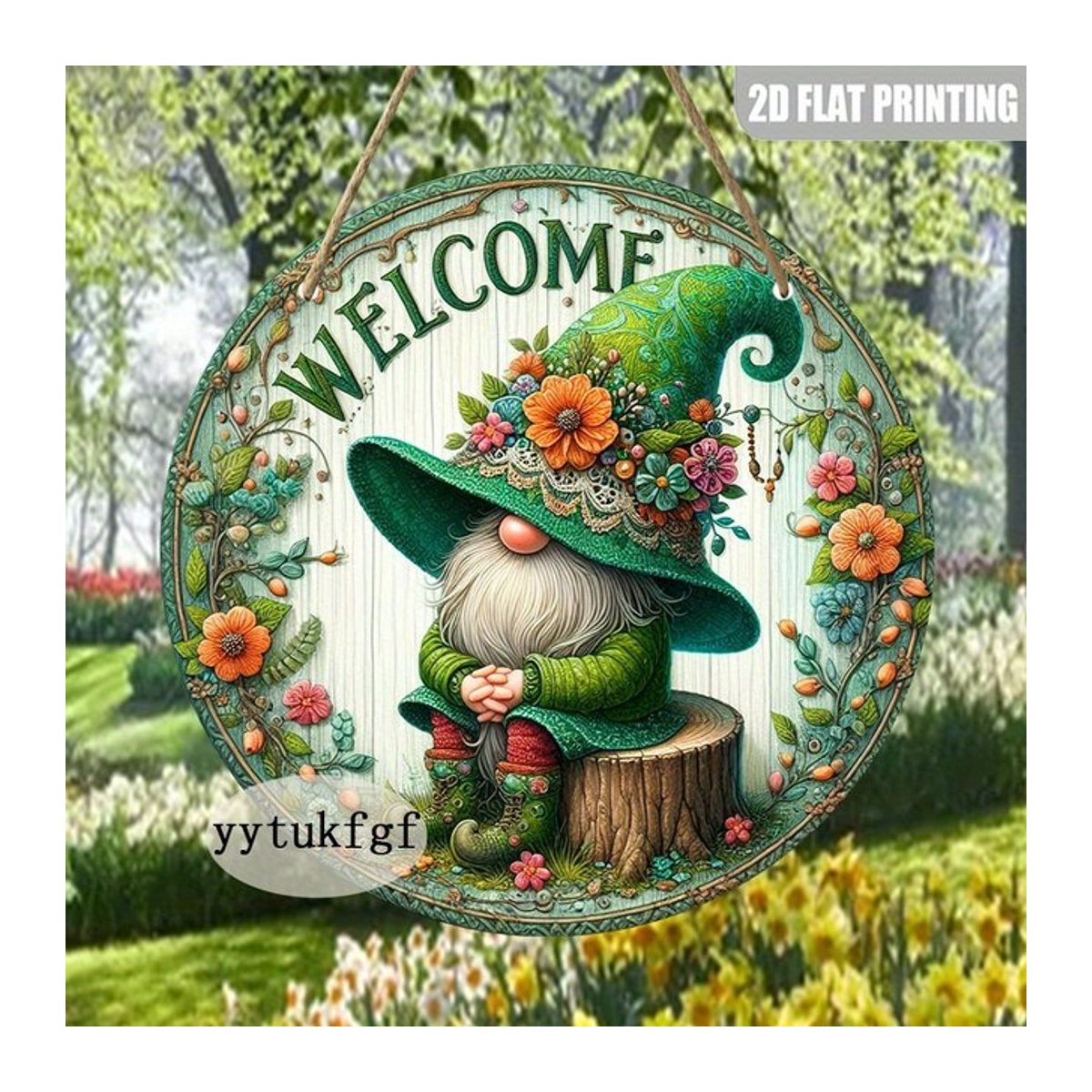 Rundes Holzschild Frühling Gartenzwerg Willkommen als dekorative Plakette in Bunt für dein Zuhause im Landhausstil - Bild 1