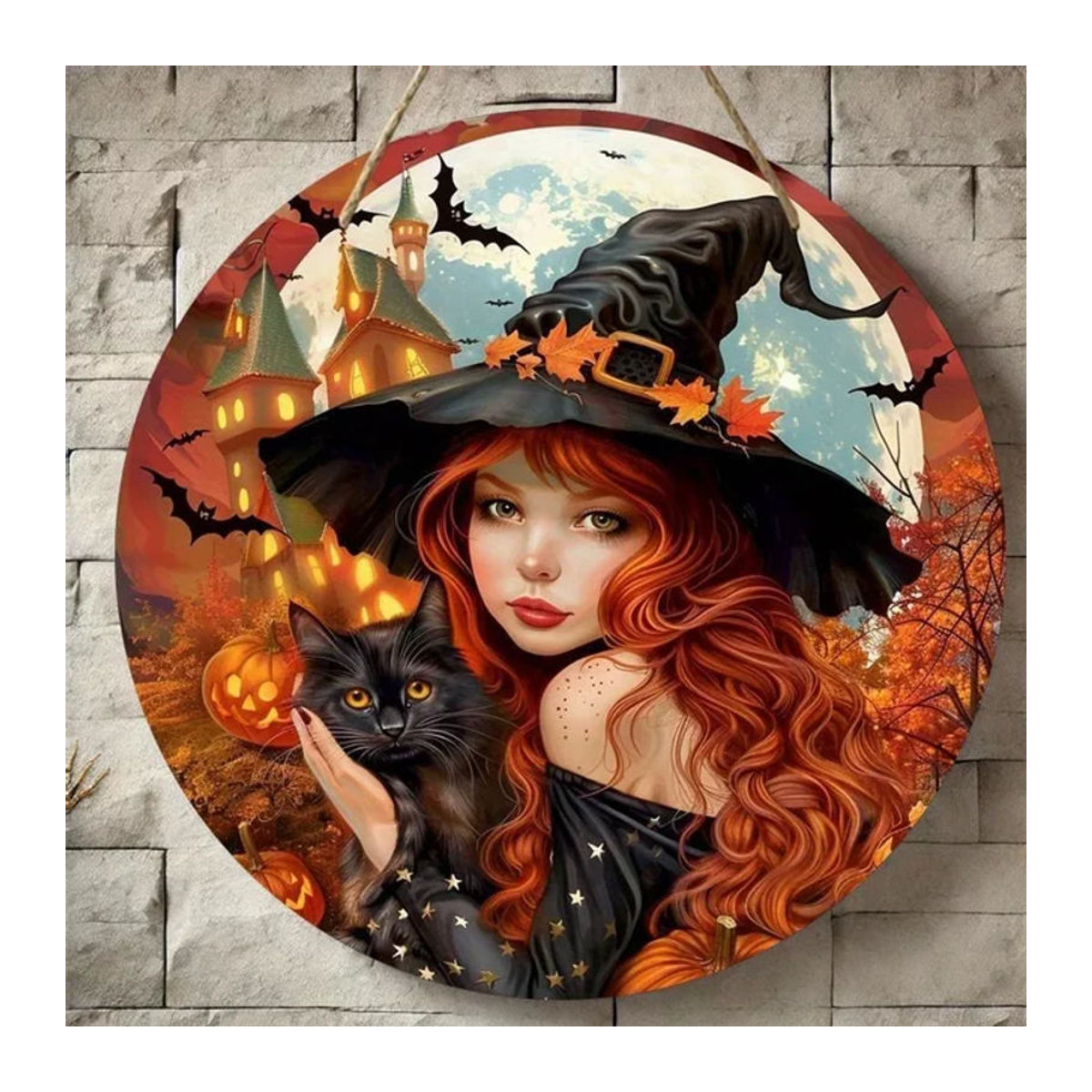 Rundes Holzschild mit Halloween-Motiv von sjs, mehrfarbig, hängende Dekoration mit Hexen, Katzen und Kürbissen - Bild 1