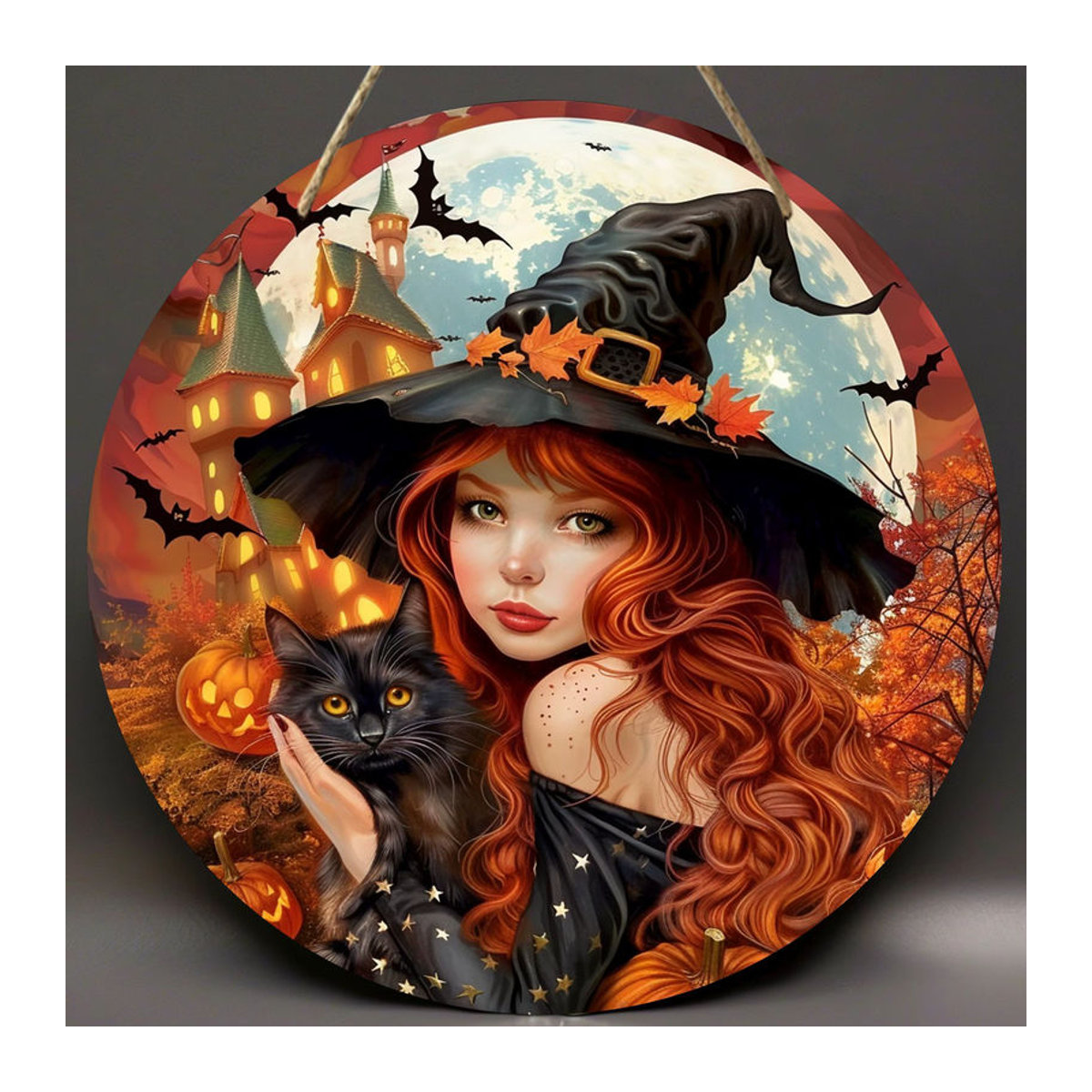 Rundes Holzschild mit Halloween-Motiv von sjs, mehrfarbig, hängende Dekoration mit Hexen, Katzen und Kürbissen - Bild 3