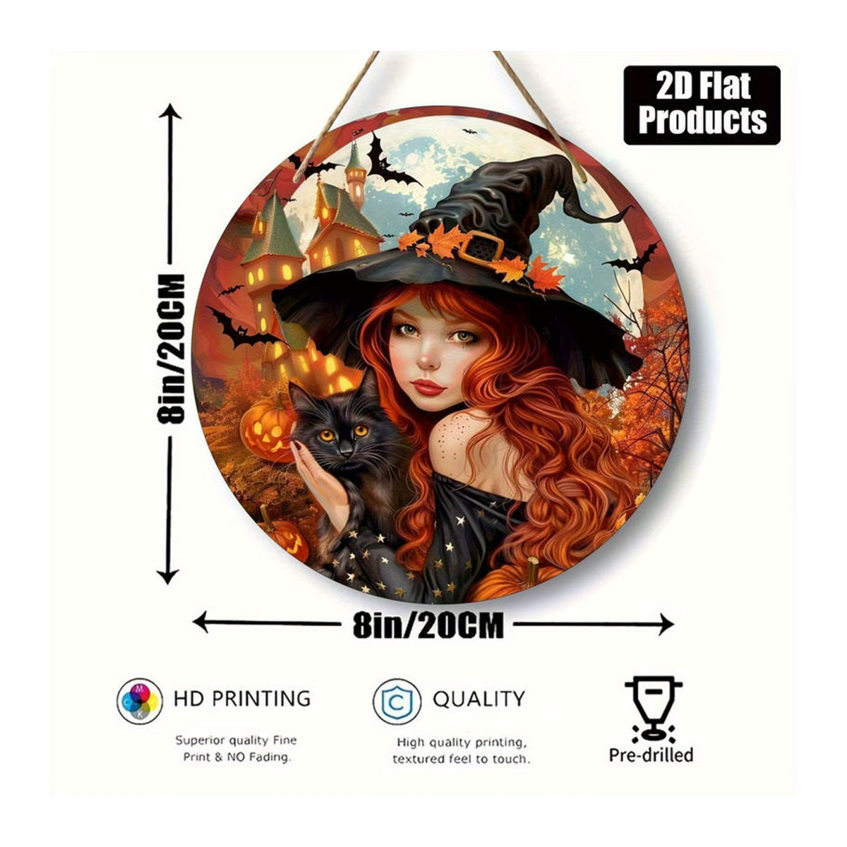 Rundes Holzschild mit Halloween-Motiv von sjs, mehrfarbig, hängende Dekoration mit Hexen, Katzen und Kürbissen - Bild 5