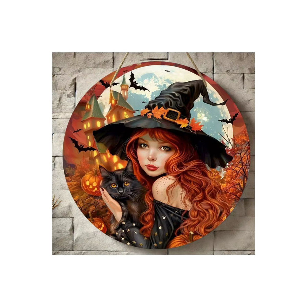 Rundes Holzschild mit Halloween-Motiv von sjs, mehrfarbig, hängende Dekoration mit Hexen, Katzen und Kürbissen - Bild 6