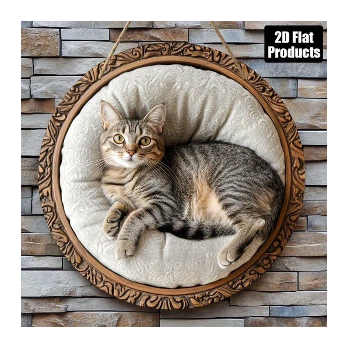 Rundes Holzschild mit Katzen-Thema von sjs in Beige und Mehrfarbig zur Wanddekoration für Zuhause, Café oder Büro - Bild 1