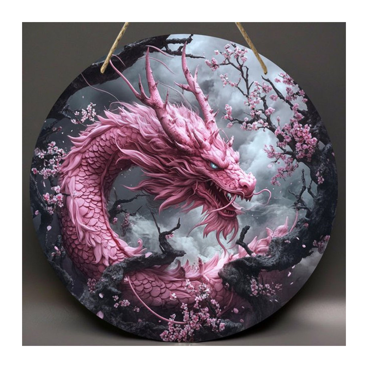 Rundes Holzschild mit orientalischem Drachenmotiv von Sjs in Mehrfarbig und Rosa zur hängenden Dekoration für dein Heim oder Büro - Bild 1