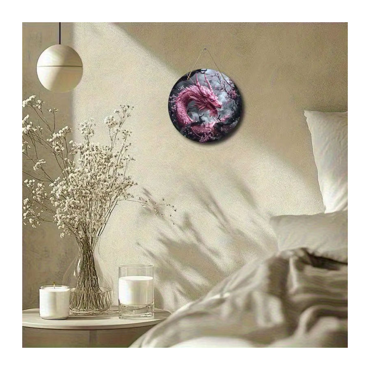 Rundes Holzschild mit orientalischem Drachenmotiv von Sjs in Mehrfarbig und Rosa zur hängenden Dekoration für dein Heim oder Büro - Bild 2
