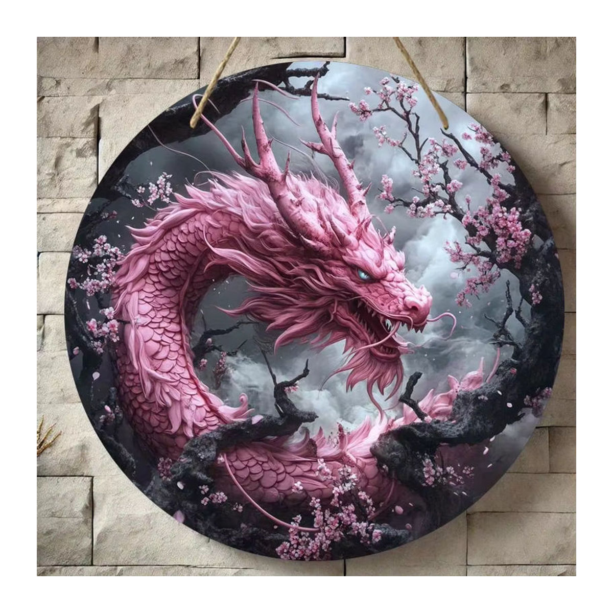 Rundes Holzschild mit orientalischem Drachenmotiv von Sjs in Mehrfarbig und Rosa zur hängenden Dekoration für dein Heim oder Büro - Bild 5