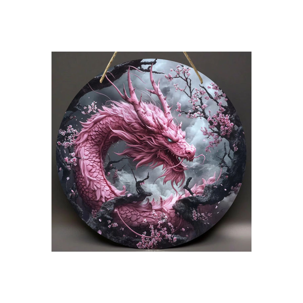 Rundes Holzschild mit orientalischem Drachenmotiv von Sjs in Mehrfarbig und Rosa zur hängenden Dekoration für dein Heim oder Büro - Bild 7