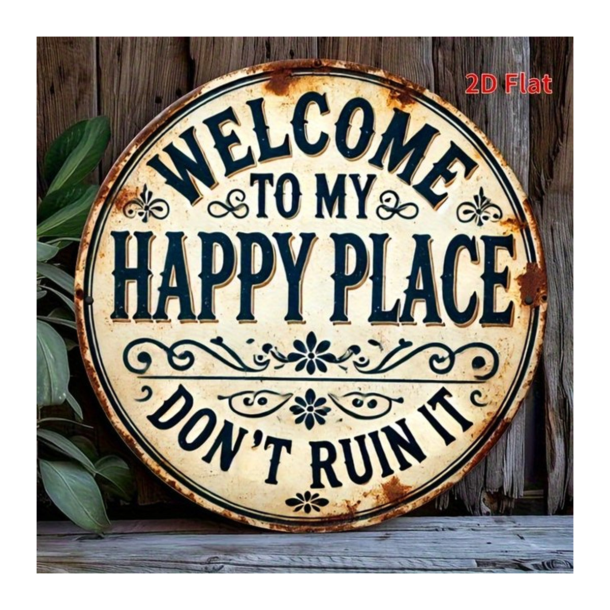 Rundes Holzschild Potdemiel Welcome to My Happy Place in Weiß mit Vintage-Design zur Wandmontage - Bild 1