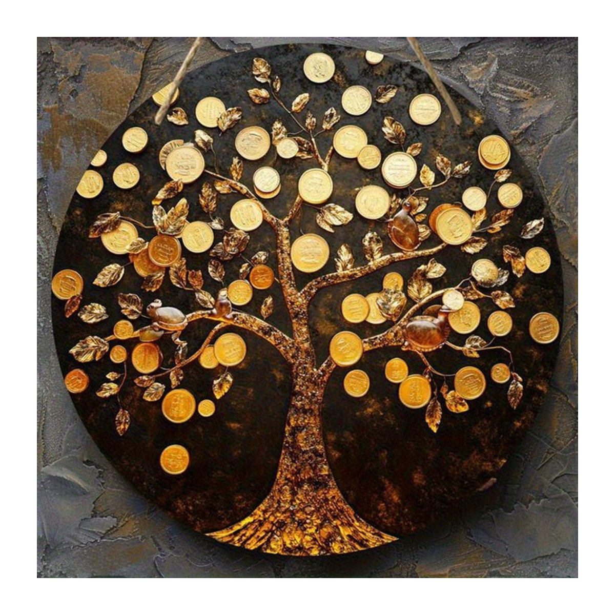 Rundes Holzschild sjs mit 2D Geldbaum-Design, Goldmünzen und Blättern zur Wanddekoration, mehrfarbig - Bild 1