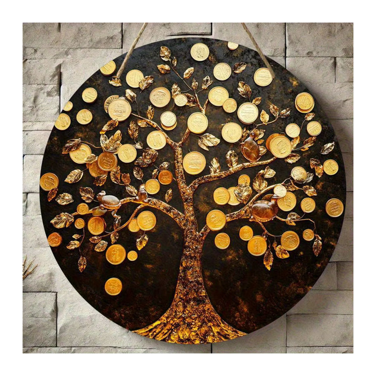 Rundes Holzschild sjs mit 2D Geldbaum-Design, Goldmünzen und Blättern zur Wanddekoration, mehrfarbig - Bild 3