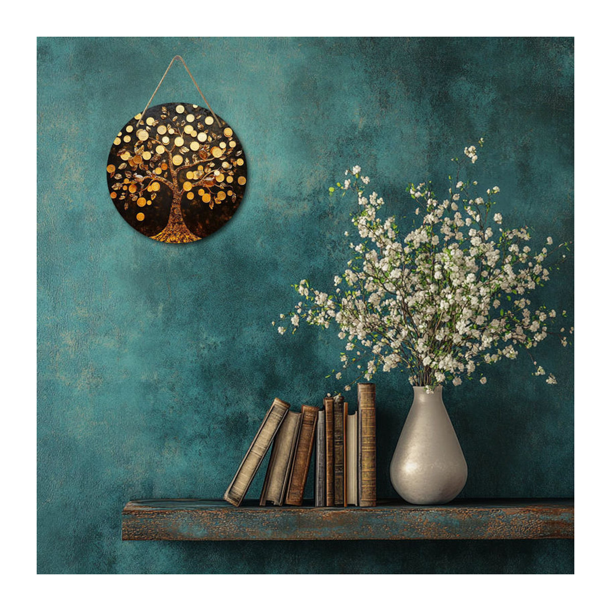 Rundes Holzschild sjs mit 2D Geldbaum-Design, Goldmünzen und Blättern zur Wanddekoration, mehrfarbig - Bild 4