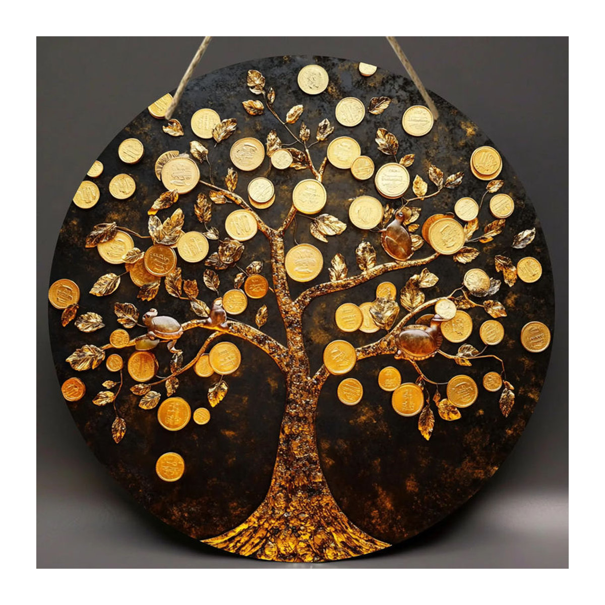 Rundes Holzschild sjs mit 2D Geldbaum-Design, Goldmünzen und Blättern zur Wanddekoration, mehrfarbig - Bild 5