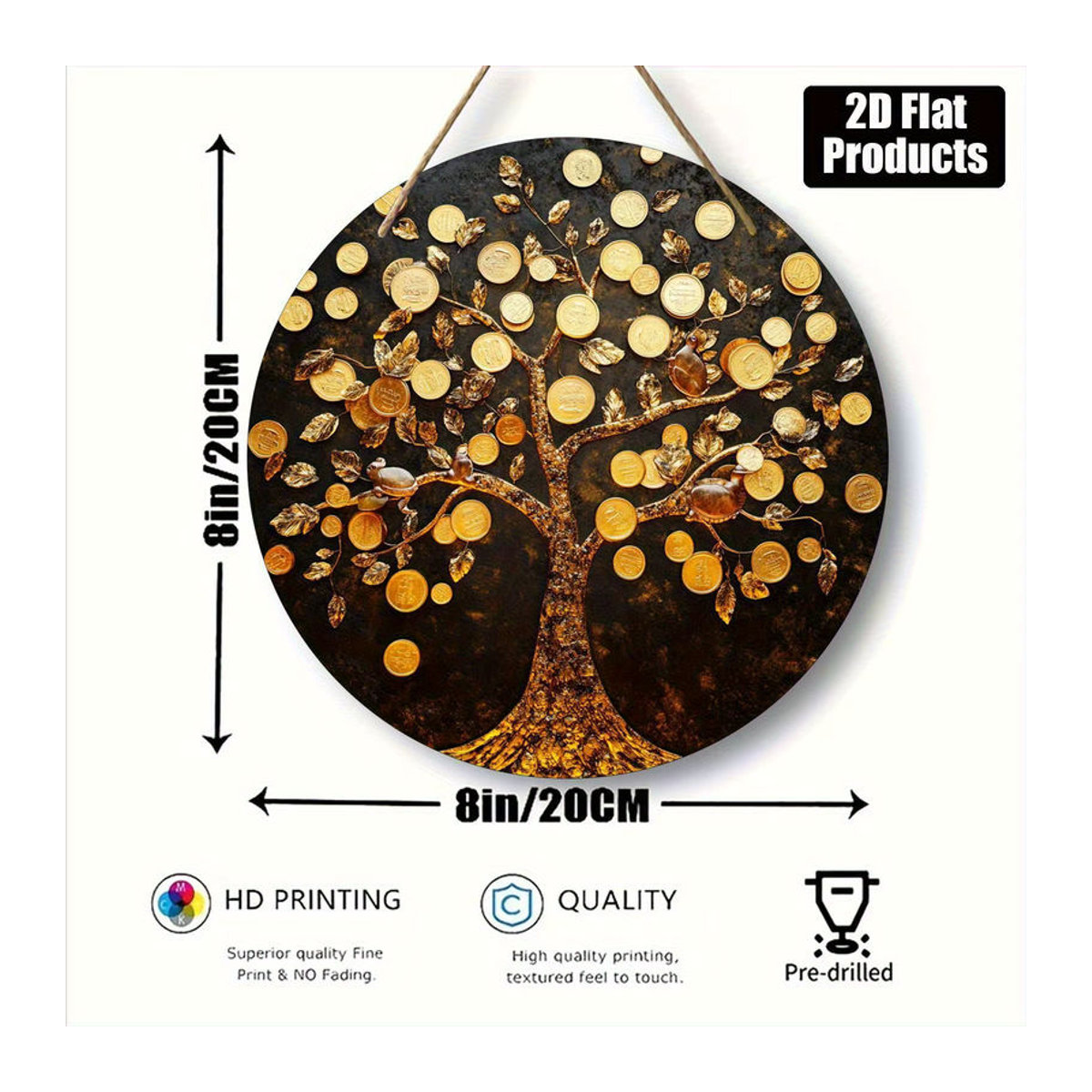 Rundes Holzschild sjs mit 2D Geldbaum-Design, Goldmünzen und Blättern zur Wanddekoration, mehrfarbig - Bild 6