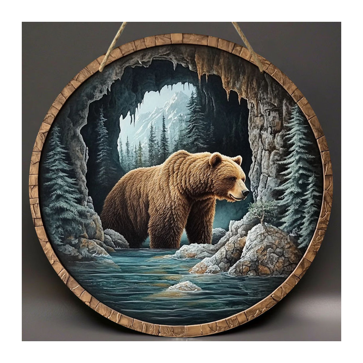 Rundes Holzschild Sjs mit braunem Bärenmotiv als rustikale Dekoration zum Aufhängen - Bild 3