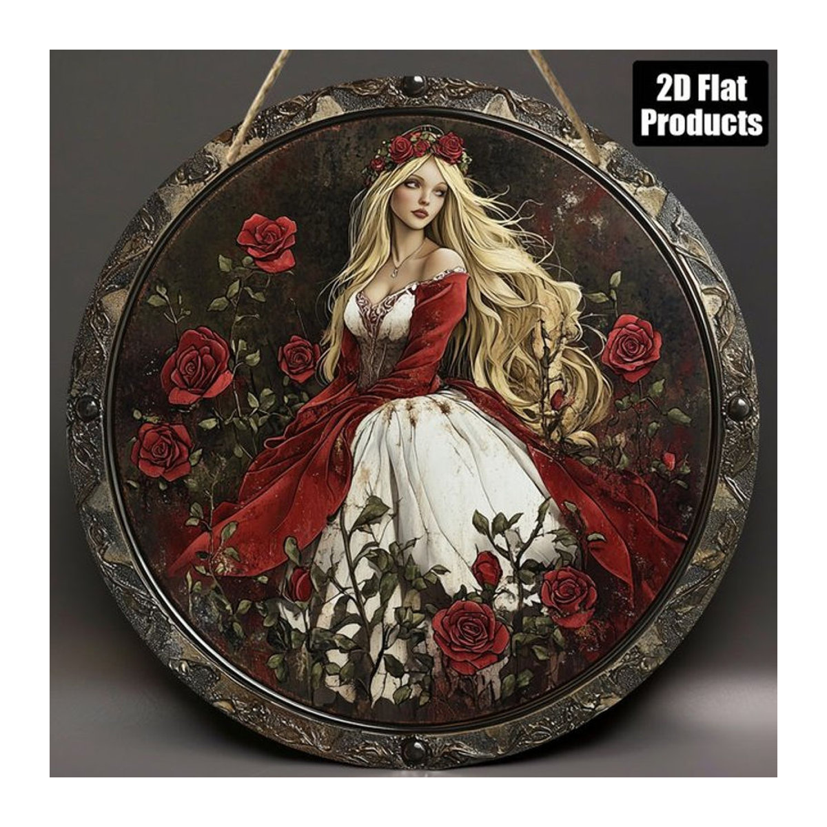 Rundes Holzschild sjs mit Damenporträt und floralem Design in Rot und Mehrfarbig als hängende Vintage-Dekoration - Bild 1