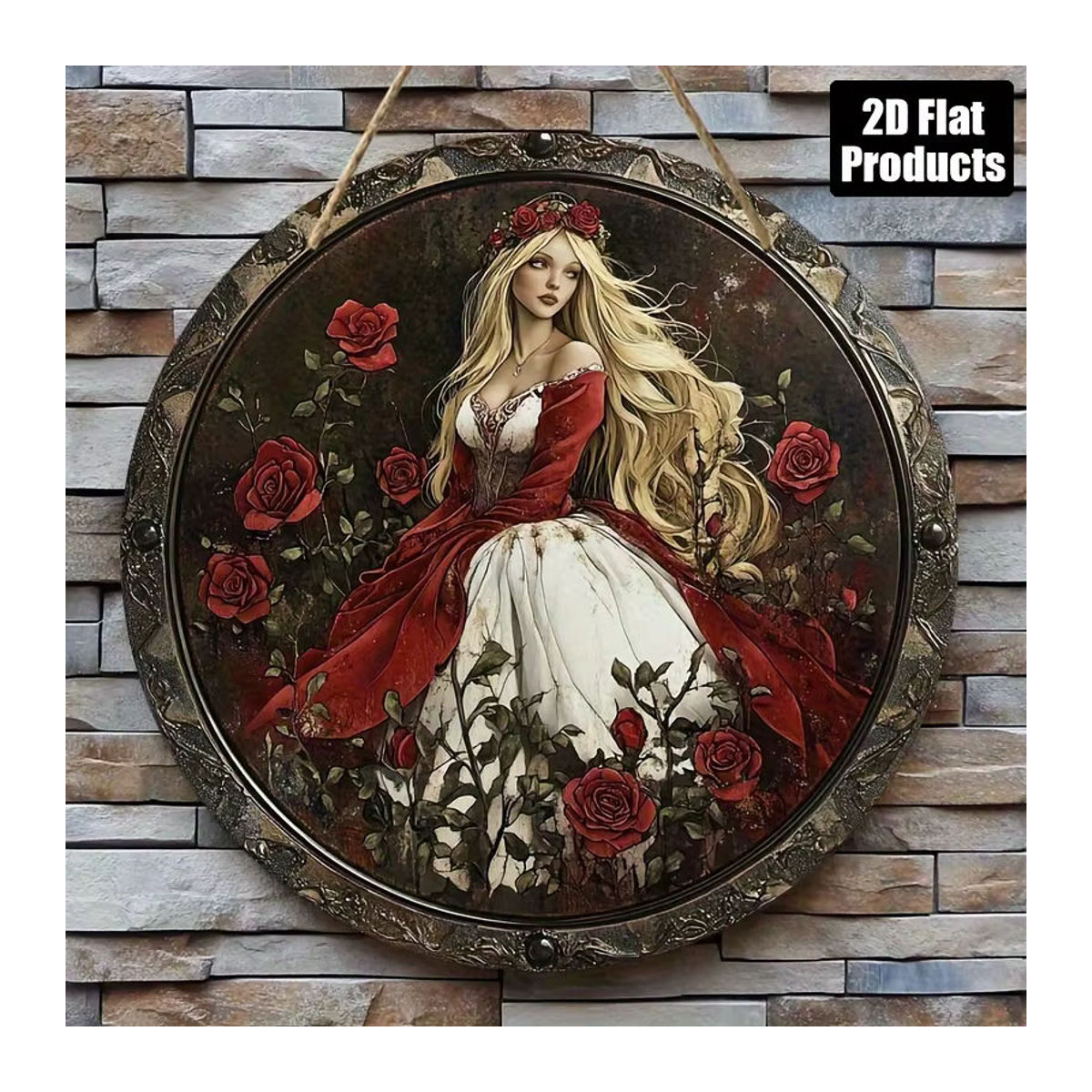 Rundes Holzschild sjs mit Damenporträt und floralem Design in Rot und Mehrfarbig als hängende Vintage-Dekoration - Bild 3