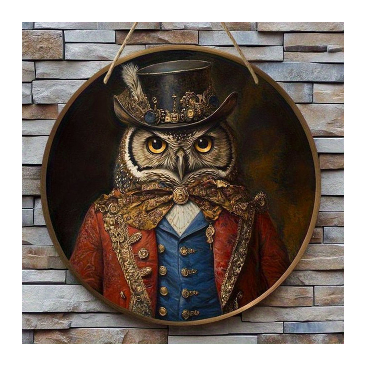 Rundes Holzschild sjs mit Eulenmotiv im Vintage-Design, mehrfarbig hängende Wanddekoration mit Tierprint - Bild 1