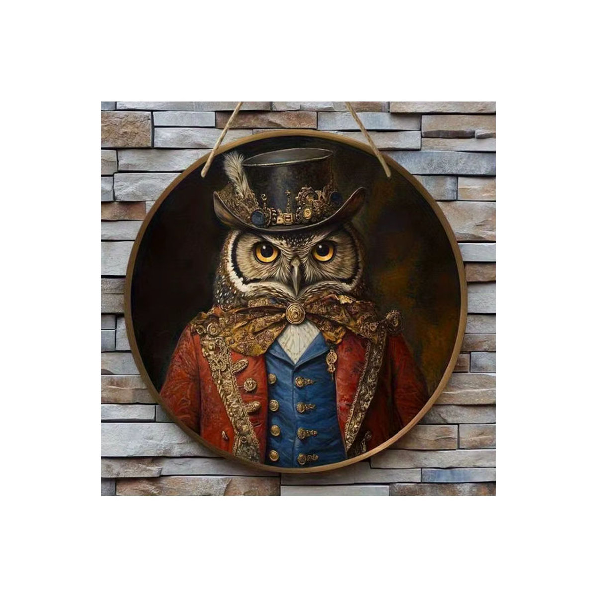 Rundes Holzschild sjs mit Eulenmotiv im Vintage-Design, mehrfarbig hängende Wanddekoration mit Tierprint - Bild 6