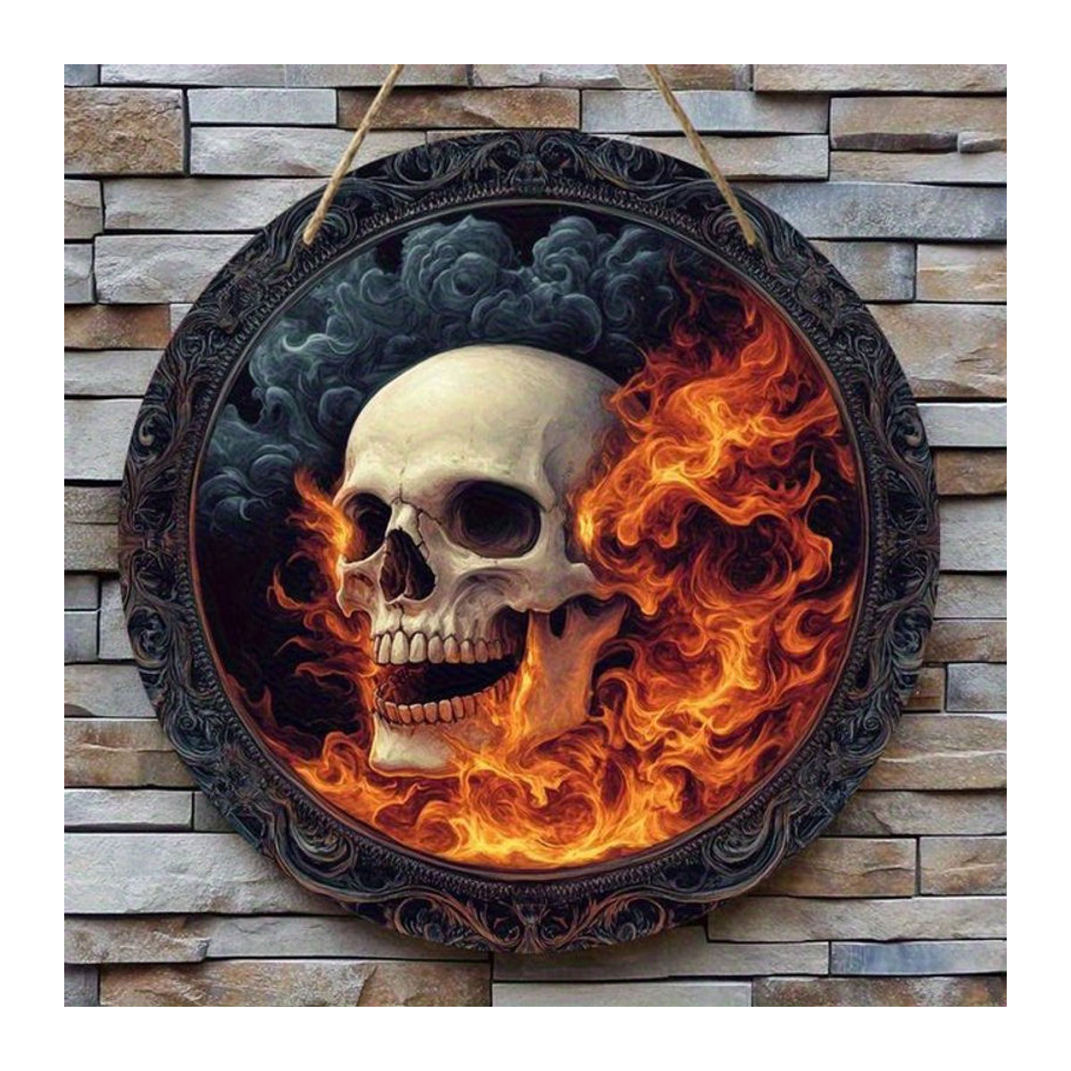 Rundes Holzschild sjs mit flammendem Totenkopf-Motiv in Mehrfarbig für Halloween-Dekoration - Bild 1